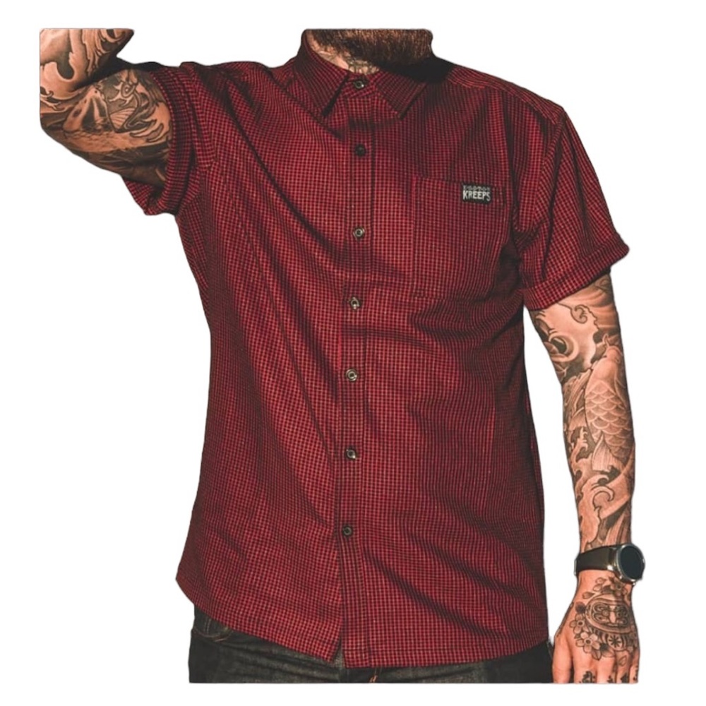 Kustom Kreeps Short Sleeve Button Up Red Black Gingham Check Pocket Shirt Mens M